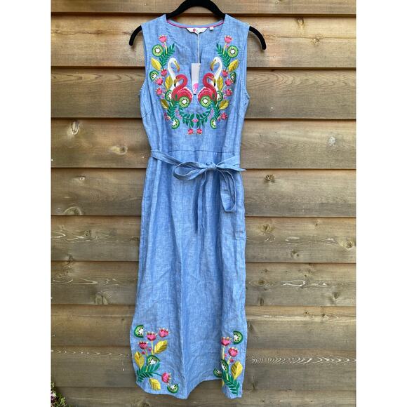 Boden blue chambray tropical bird embroidered linen midi dress - Picture 1 of 10